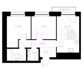 2-комн, 58 кв м, этаж 6/8 Казань, Адмиралтейская улица
