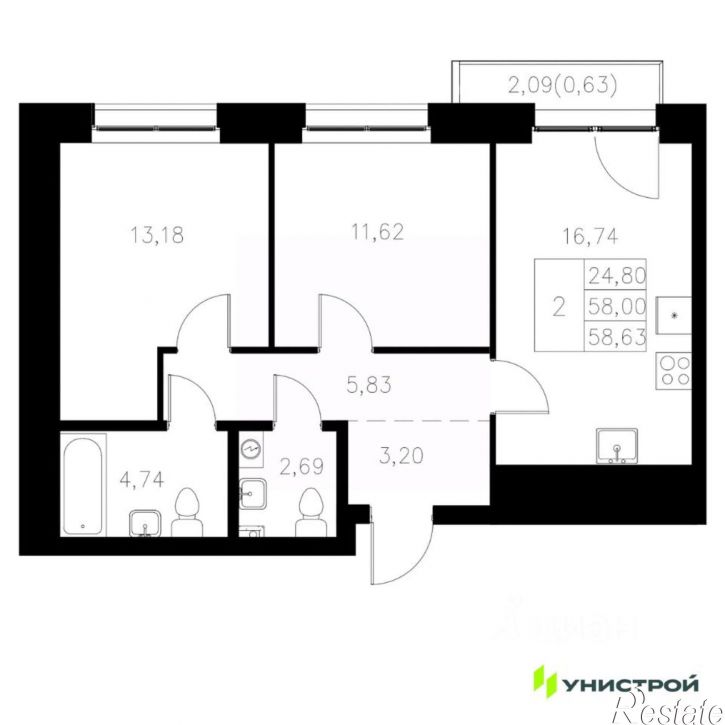 2-комн квартира в новом доме Казань, Адмиралтейская улица