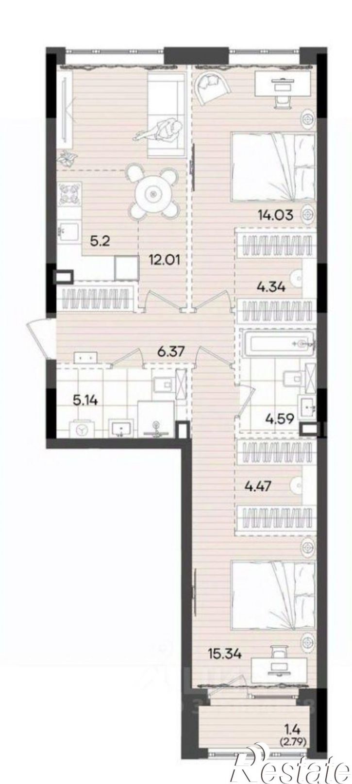 3-комн квартира в новом доме Казань