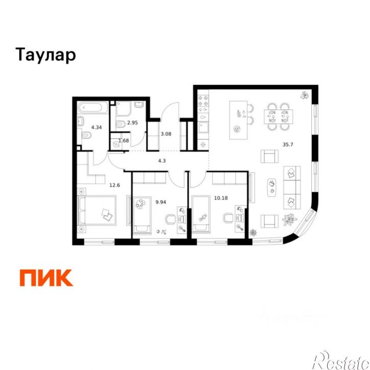 3-комн квартира в новом доме Казань, ЖК Таулар, 1
