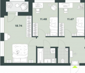 3-комн, 79 кв м, этаж 8/13 Республика Татарстан (Татарстан), Казань, Кировский район, жилой массив Залесный
