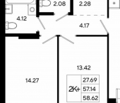 2-комн, 59 кв м, этаж 10/13 Республика Татарстан (Татарстан), Казань, Кировский район, жилой массив Залесный