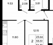 2-комн, 57 кв м, этаж 10/13 Республика Татарстан (Татарстан), Казань, Кировский район, жилой массив Залесный