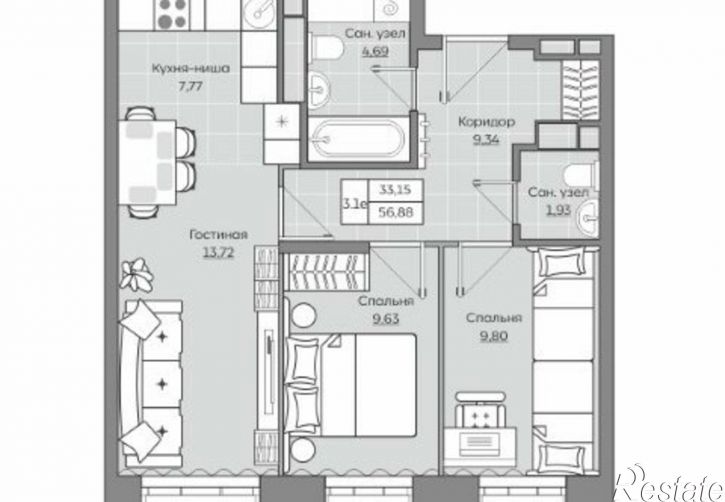 3-комн квартира Республика Татарстан (Татарстан), Казань, улица Ярышлар, 8