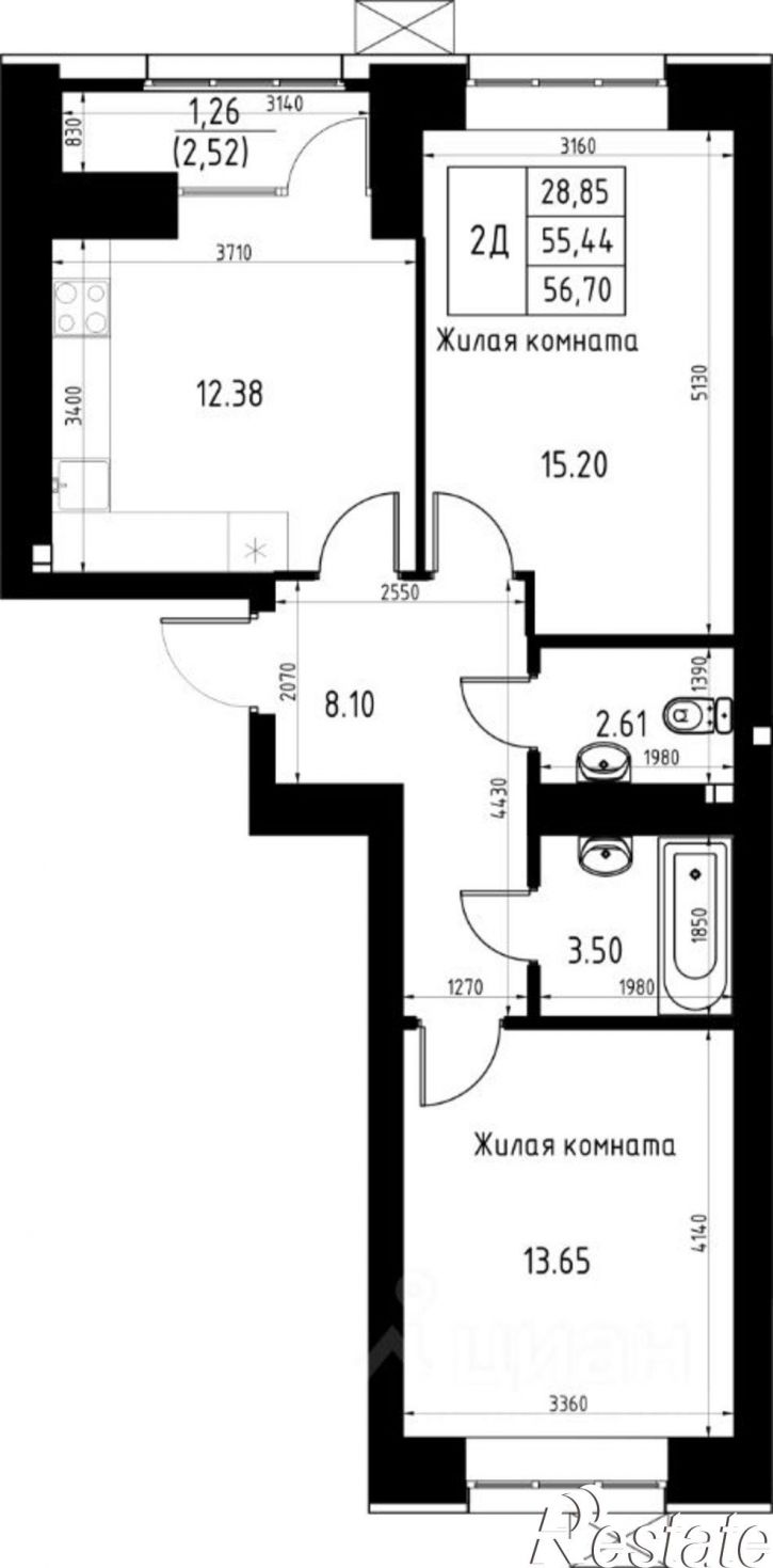 2-комн квартира в новом доме Казань