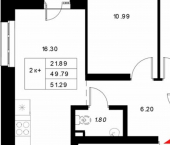 2-комн, 51 кв м, этаж 20/21 Республика Татарстан (Татарстан), Казань, ЖК Уникод на Технической