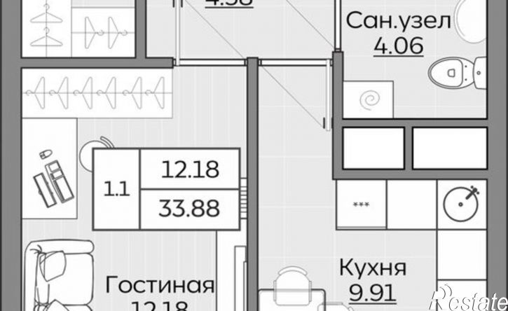 1-комн квартира в новом доме Республика Татарстан (Татарстан), Казань, улица Рауиса Гареева, 123