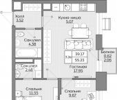 3-комн, 55 кв м, этаж 11/24 