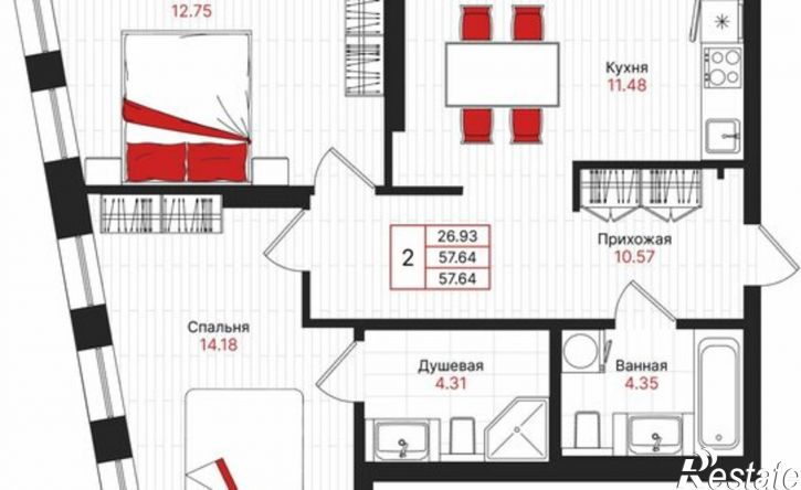 2-комн квартира в новом доме Республика Татарстан (Татарстан), Казань, ЖК Феномен Будущего