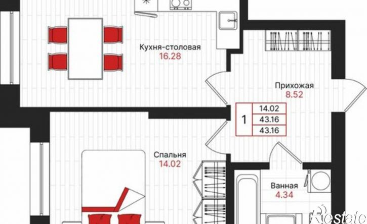 1-комн квартира в новом доме Республика Татарстан (Татарстан), Казань, ЖК Феномен Будущего