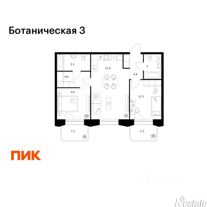 2-комн квартира в новом доме Казань