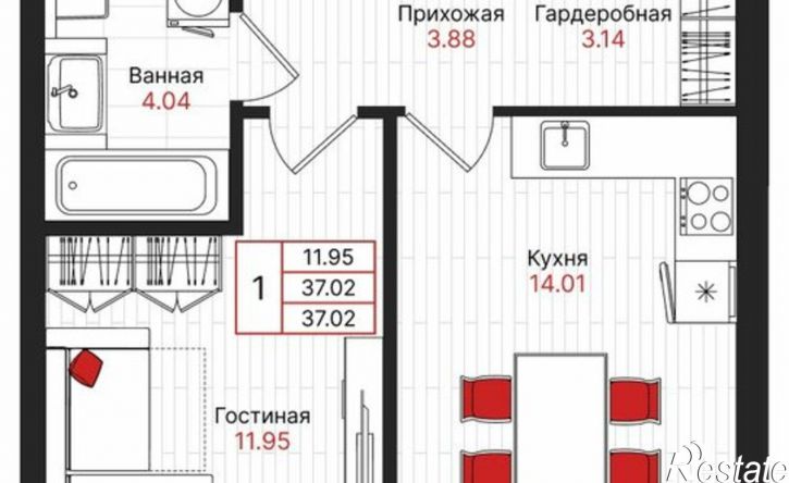 1-комн квартира в новом доме Республика Татарстан (Татарстан), Казань, ЖК Феномен Будущего