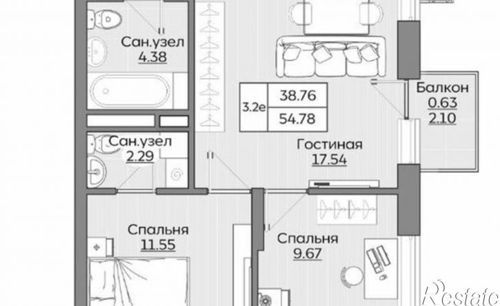 3-комн квартира в новом доме Республика Татарстан (Татарстан), Казань, улица Рауиса Гареева, 123