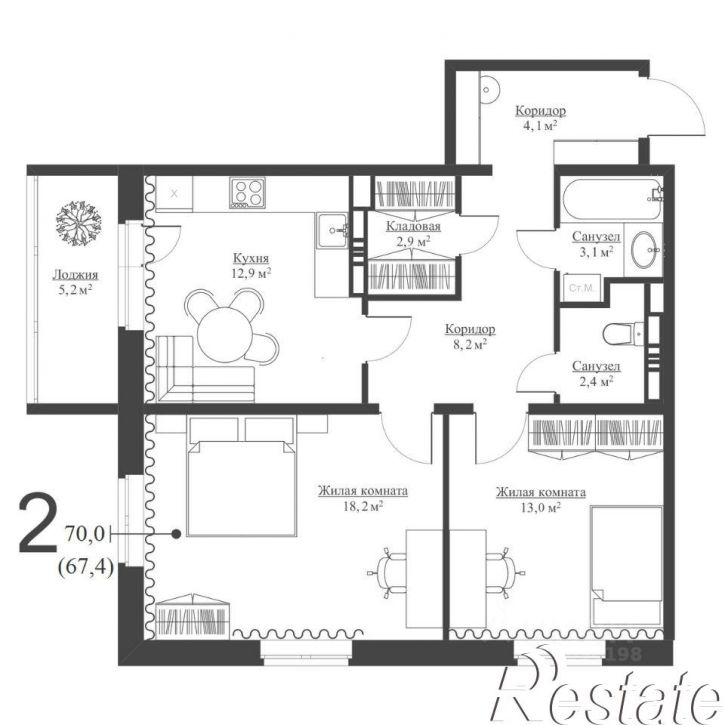 2-комн квартира в новом доме Молодёжная улица, 38,  д. 38